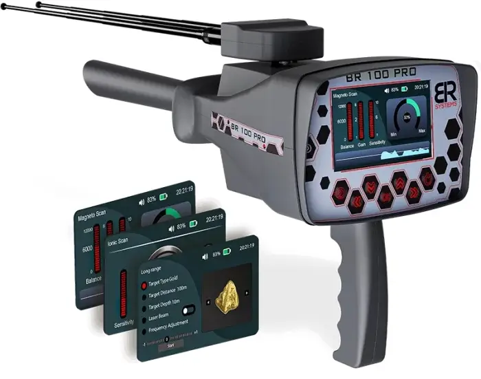 BR Detector BR Detector BR100 Pro Üç Sistemli Altın, Hazine ve Metal Arama Cihazı (Manyetik Tarama, İyonik ve Uzun Menzil, Çift Sensör)