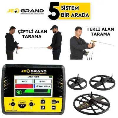 Avrupa Dedektör Jeogrand Çok Sistemli Dedektör Seti (Derin + Yüzey VLF + Pinpointer + Alan Tarama, 2D Ekran, Çoklu Başlık)