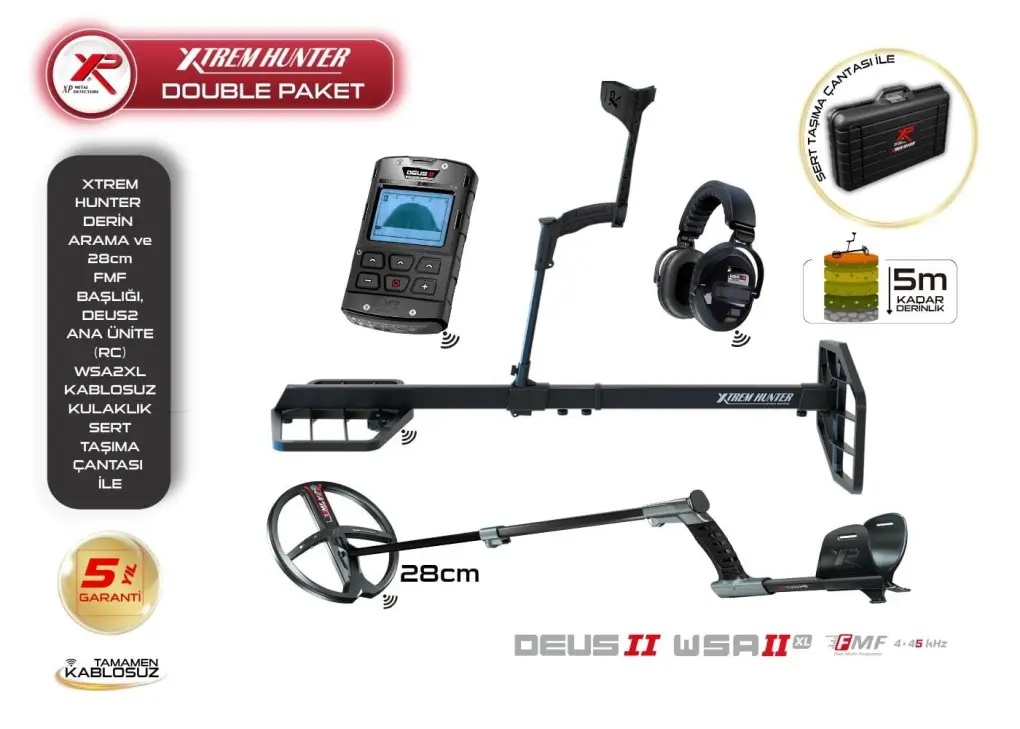 XP XP Xtrem Hunter Çift Başlıklı Tam Set — Deus 2 Ana Ünite, 28 cm FMF Başlık ve Kablosuz Kulaklık